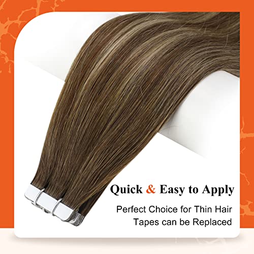 Full Shine Seamless Tape in Hair Extensions Human Hair Color 4/24/4 Medium Brown to Honey Blonde 14Inch Invisible Human Hair Extensions Tape in 20Pcs 50Gram Double Sided Tape in Hair Extensions
