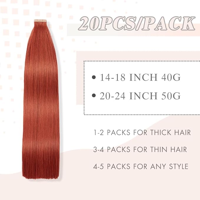 Tape in Hair Extensions Human Hair 20pcs Remy Hair Extensions 22 Inch Copper Straight Invisible Human Hair Tape in Extensions Skin Weft Tape Extensions Human Hair (350#,22 Inch)