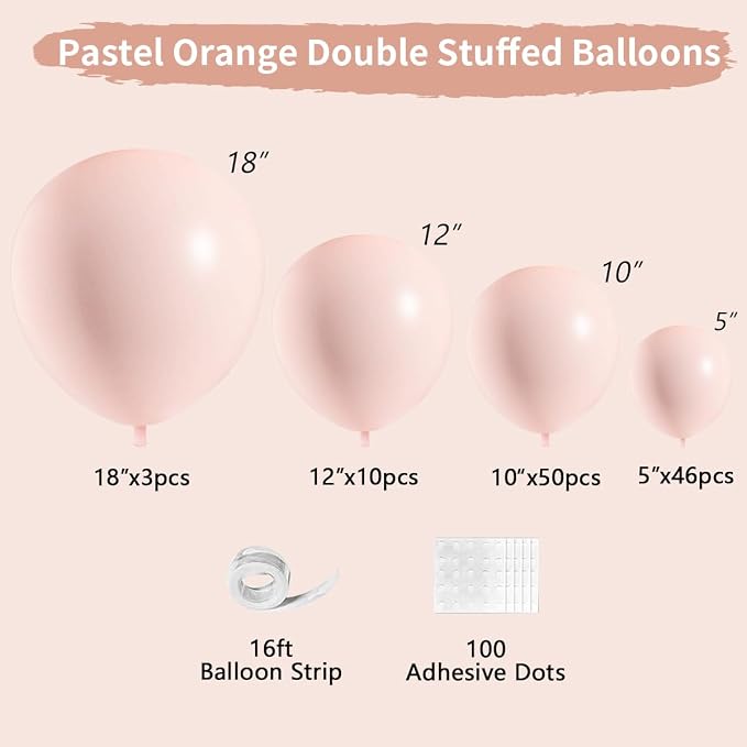 Pastel Orange Double Stuffed Balloons Different Size 115Pcs 5/10/12/18" Peach - Image 2