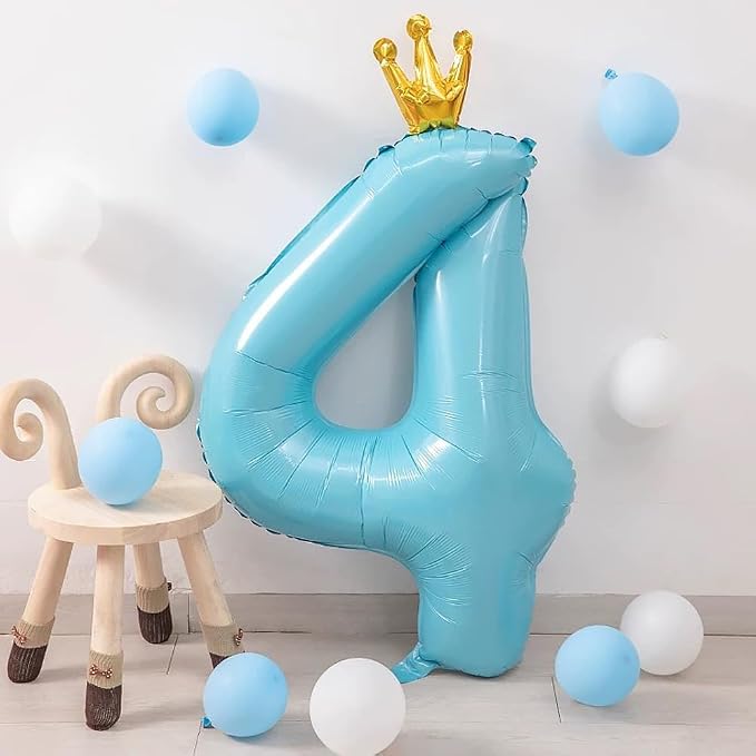 Blue Number 4 Balloon with Crown, 40 inch Blue Number Balloon 4th Birthday - Image 3