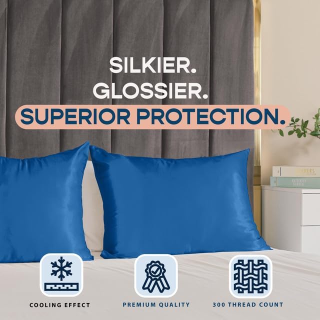BLISSFORD Royal Blue Satin Pillowcase with Zipper, for Hair and Skin Care, Feels Soft and Cool Like a Silk Pillowcase, Satin Pillow Cases, Slik Pillow Cover, Standard Size - 2 Pack