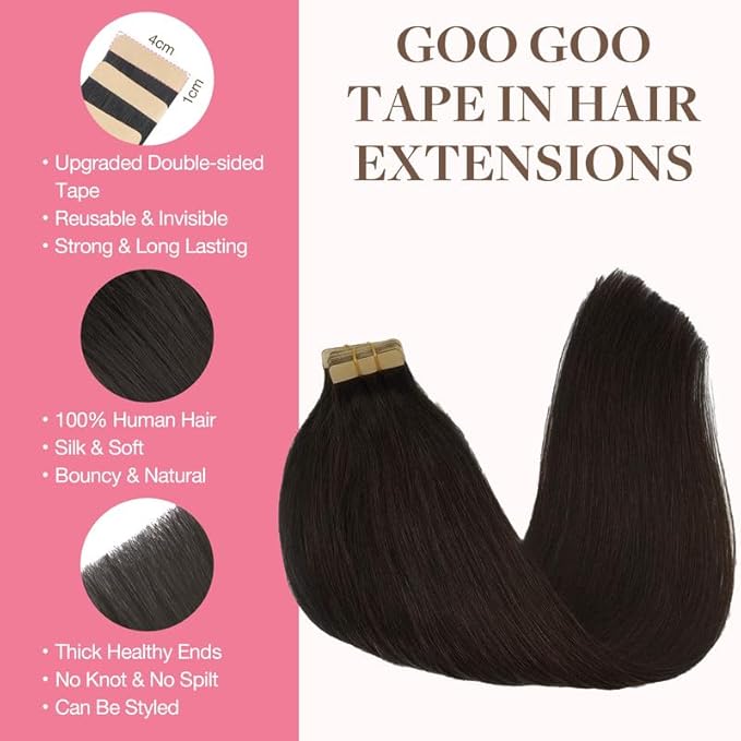 GOO GOO Tape in Hair Extensions Human Hair, 2 Dark Brown, 22inch 100g 40pcs, Skin Weft Seamless Invisible, Silky Straight with Thick Ends, Remy Human Hair