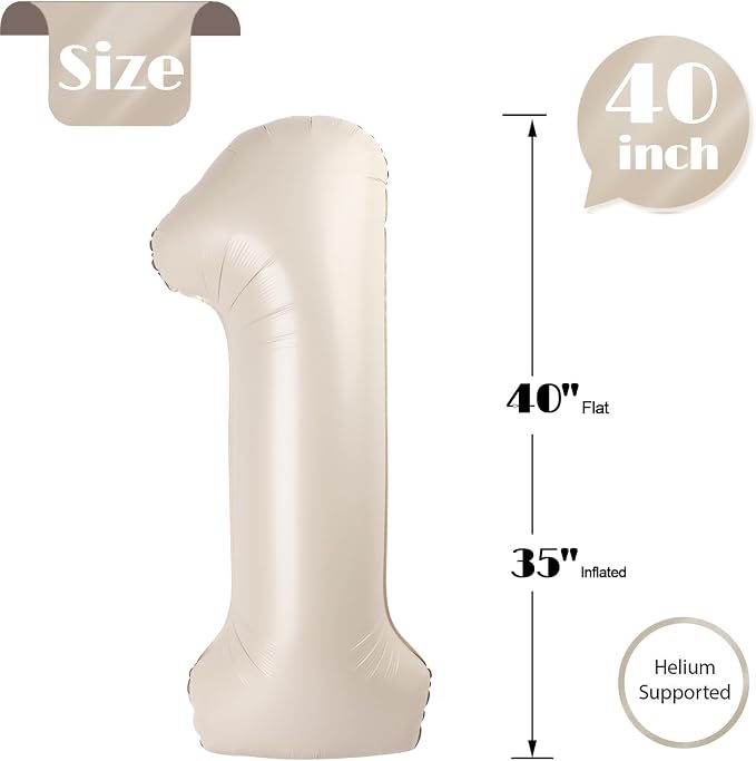 Cream Number 1 Balloon 40 Inch, 1st Birthday Party Decorations Men Women | Foil - Image 5
