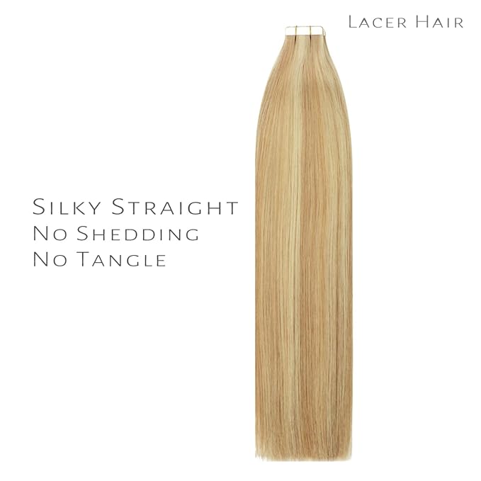Lacer Hair Extensions Real Human Hair Tape in Silky Straight Golden Blond to Platinum Blonde Tape in Extensions Human Hair 24 Inch 50G 20Pcs Tape Ins
