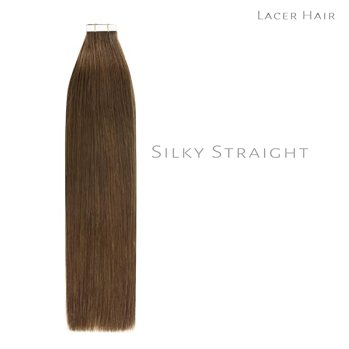 Lacer Remy Human Hair 22 Inch Tape In Extensions Chocolate Brown Color #4 Skin Weft Double Sided Adhesive 50 Gram Seamless Silky Straight Soft Hair Extension