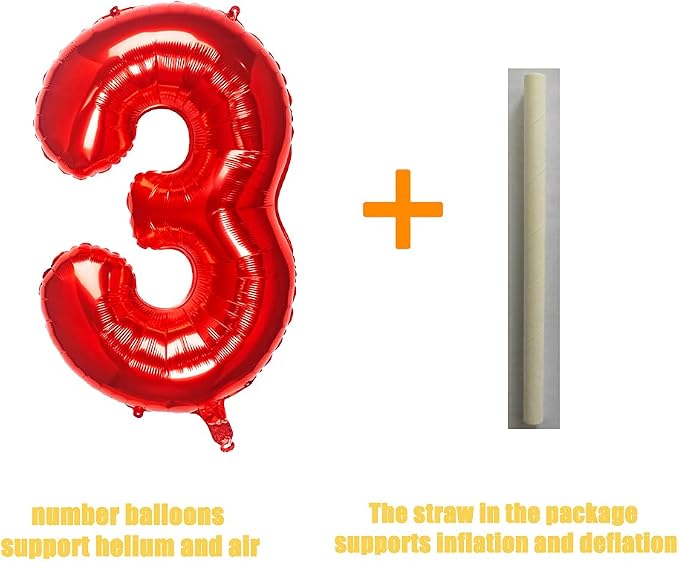 32 Inch Red Number 3 Balloons Foil Ballon Digital Birthday Party Decoration - Image 3