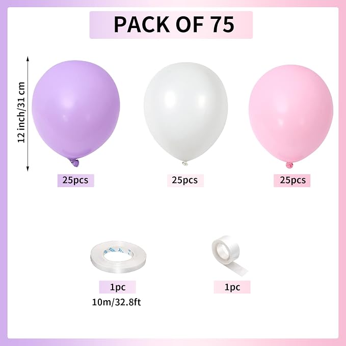 Pink and Purple Balloons, 75 Pack Pastel Purple Pink and Matte White Latex - Image 2