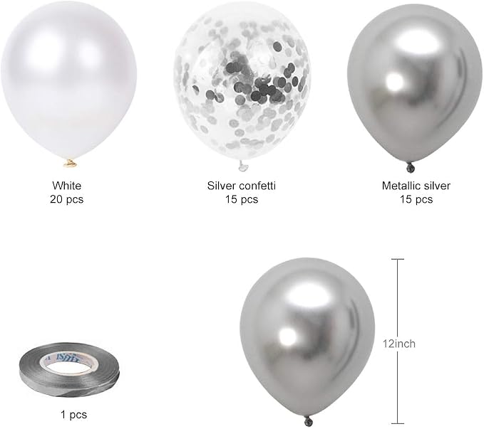 White Silver Confetti Latex Balloons, 50 Pack 12inch Silver Metallic Party - Image 2