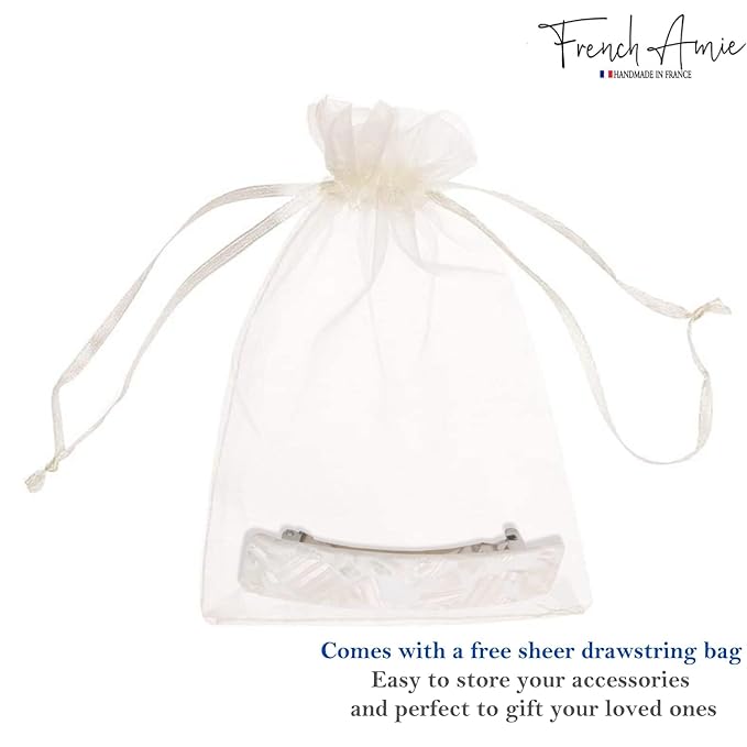 French Amie Oblong 3.5" Celluloid Handmade No Slip Hair Clip Barrette for Women, Made in France (Frost White)