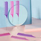 SKYPIA 3 Piece Professional Dyeing Hair Comb Set, Highlight Combs for Hair Stylist Weaving Styling Brush Set with Long Stainless Steel Rat Tail Stylist Combs, Purple & Pink
