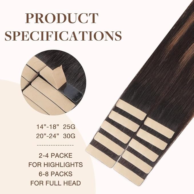 GOO GOO Tape in Hair Extensions Human Hair, 2/6/2 Balayage Dark Brown to Chestnut Brown, 20inch 30g 10pcs, Skin Weft Seamless Invisible, Silky Straight with Thick Ends, Remy Human Hair