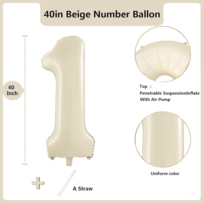 40 inch Cream White Number Balloon Giant Foil Helium Balloons Beige Number 1 - Image 2