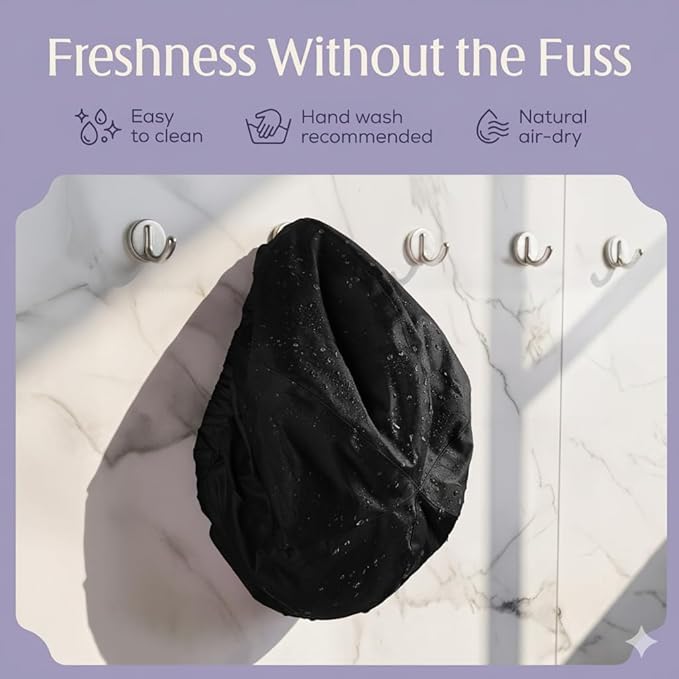 Premium Shower Cap for Women with Long Hair. Reusable, 100% Waterproof, Double-Sided, Great For Curls with Anti-Frizz Fabric terry-lined. Black shower caps for women