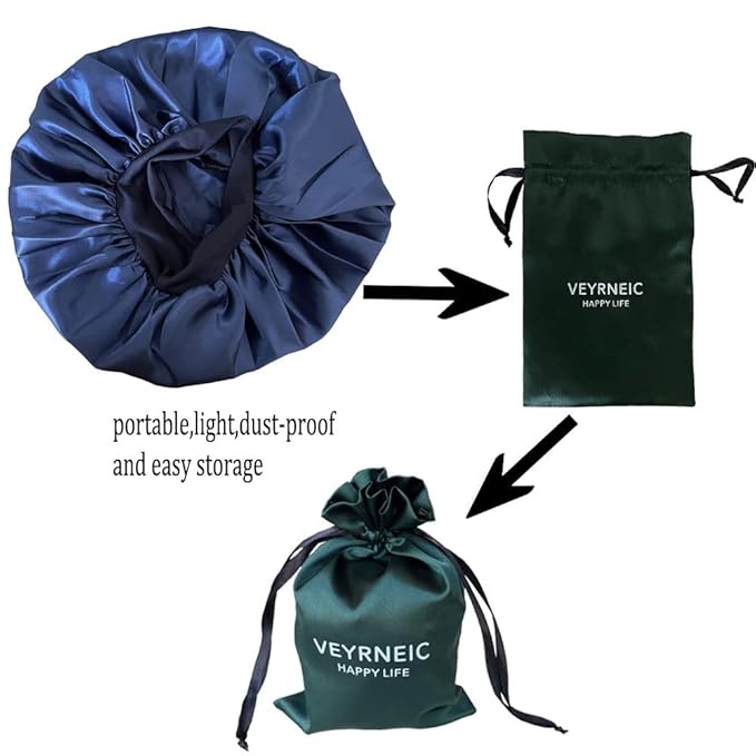 VEYRNEIC Hair Satin Bonnet for Sleeping Shower Caps Silk Chemo Caps with Wide Elastic Band Night Sleep Cap Bonnets for Black Women Braids with Satin Storage Bag(Navy Blue)