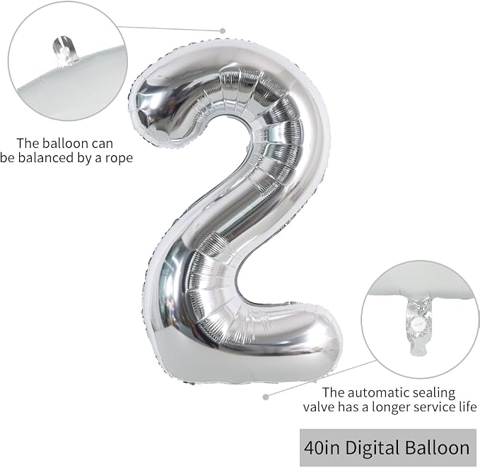 TONIFUL 40 Inch Silver Number 2 Balloon Large Foil 2nd Birthday Decorations | - Image 2