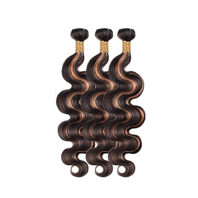Highlight Bundles Human Hair Light Brown Body Wave Bundle Niegmeag Brazilian Virgin Remy Hair 3 Bundles 18 20 22 Inch Double Weft 2 Tone Black and Light Brown Bundle P1B30 Color
