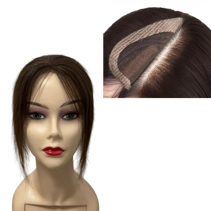 Anemone No Clips Human Hair Topper Piece Fringe Bangs for Women Wrap-Around Magic Paste with Invisible Lace for Natural Hair Loss Coverage (Dark Brown Lace Mid Bangs)