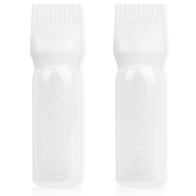 Root Comb Applicator Bottle 6 Ounce, 2 Pack Hair Oil Applicator Hair Dye Bottle Tools with Dispenser Root Comb Brush for Scalp Oil Hair Oiling Applicator - white