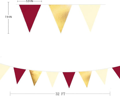 Burgundy Party Decorations Gold Maroon Beige Fabric Triangle Pennant Banner - Image 2