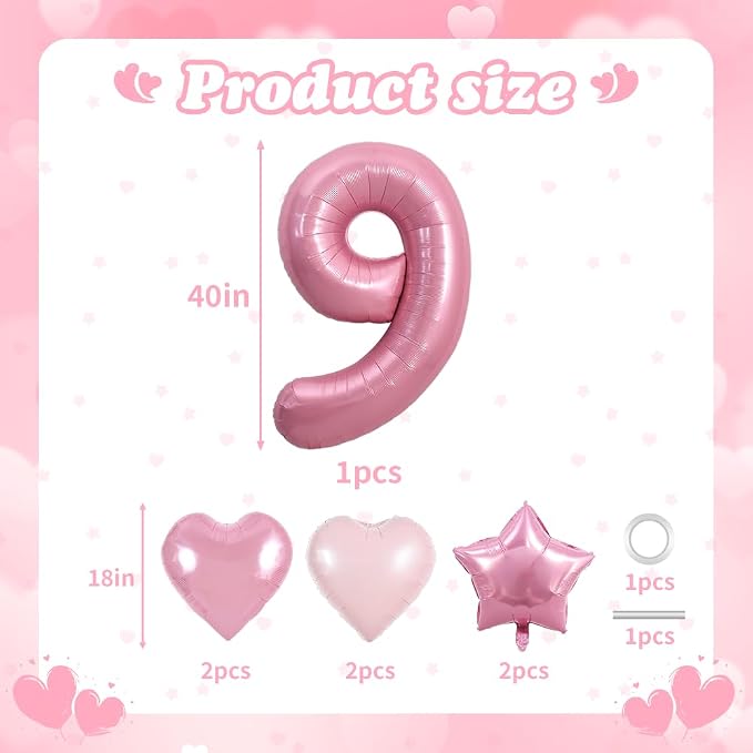 TONIFUL 9th Birthday Balloons Kit 40 Inch Pink Large Number 9 Foil Balloon | - Image 2
