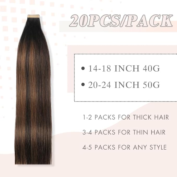 22 Inch Tape in Hair Extensions Human Hair 20pcs Balayage Natural Black to Chestnut Brown Remy Human Hair Extensions Tape in(1B/1B/6#, 22 Inch)