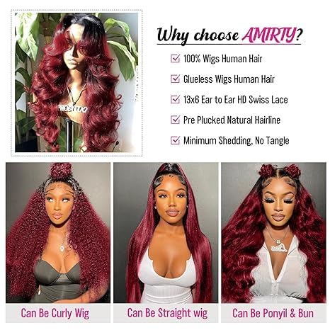 AMIRTY 250 Density Burgundy Lace Front Wigs Human Hair Wine Red Colored 13x6 1B/99J HD Lace Frontal Wigs Human Hair Wigs for Women Pre Plucked with BabyHair 30 Inch