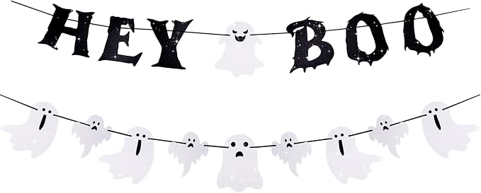 Ghost Banner Hey Boo Halloween Decorations, Pre-Strung Glitter Halloween Banner by SerpizePaty