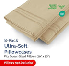 Queen Pillow Cases Set of 8 - Ultra Soft Hotel Quality Pillowcase Covers - Comfy & Wrinkle Free - Shrink, Stain and Fade Resistant - Easy-Care, Machine Washable Pillow Protectors - 8 Pcs Set - Beige