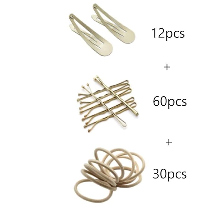Dofash 3Cards Women's Hair Styling Set - Bobby Pins Hair Pins 60pcs+Hyper Elastics Hiar Ties 30pcs+Snap Hair Clips for Thick Hair 12pcs (Blonde)