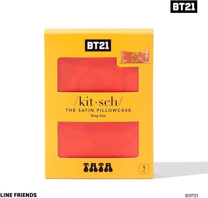 Kitsch x BT21 Satin Pillowcase with Zipper – Better Than Silk Pillowcase, Tata Character & Funky Floral Print – Soft Cooling Toddler Bed Time Pillow Case for Hair & Skin – King Size 19x36