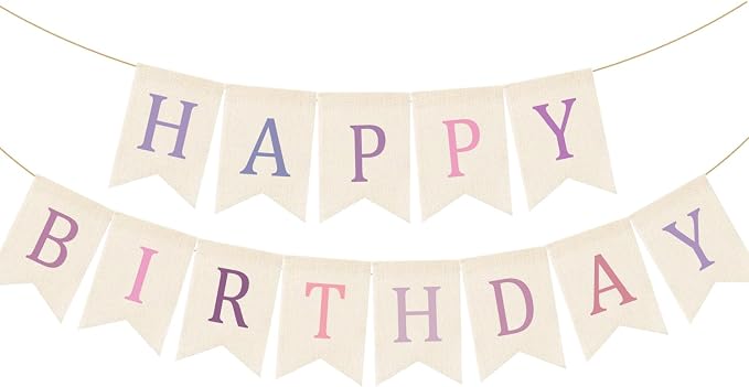 Doumeny Happy Birthday Burlap Banner Boho Birthday Garland Bunting Purple Pink by Doumeny