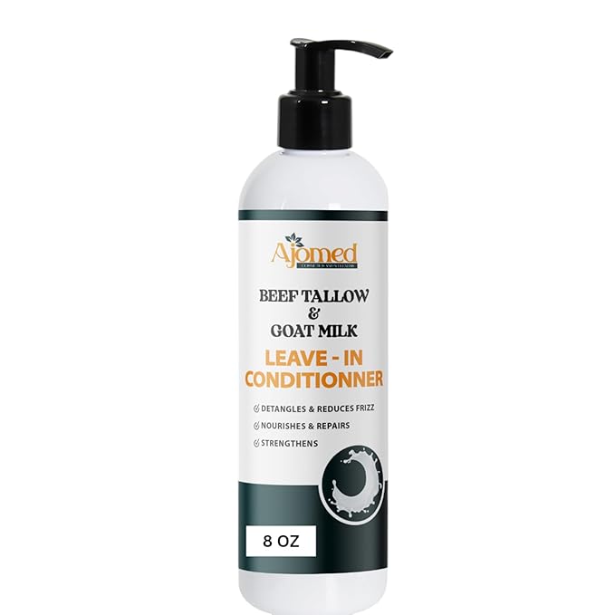 Beef tallow & Goat milk Leave-In Conditioner| Handmade hair Detangler- Anti-Frizz dreadlock moisturizer-Split End Moisturizing Hair Care for Dry, Damaged Hair Moisturizing Curl Primer (8 Fl Oz)