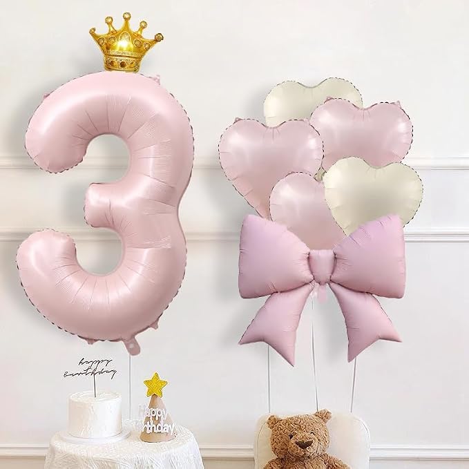 LilyZheng Pastel Pink Number 3 Foil Balloon Set, Baby Pink 3 Balloon & Bow - Image 8