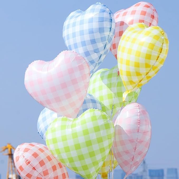 Pastel Grid Heart Balloons, 18 Inch Pink Yellow Blue Red Green Lattice Foil - Image 6