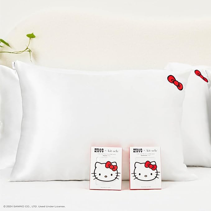Kitsch x Hello Kitty Pillow Case Ivory – Toddler Bed Time Satin Pillowcase with Zipper – Soft Cooling Pillow Cover for Hair & Skin – Better Than Silk Pillowcase – Queen/Standard 19x26