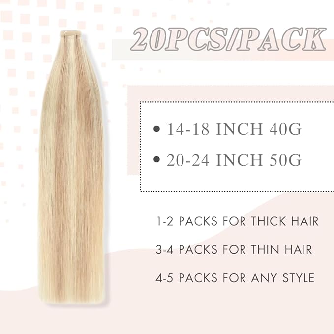 Tape in Hair Extensions Human Hair, Ash Blonde Highlighted Bleach Blonde 20pcs Straight Seamless Skin Weft Tape in Real Human Hair(P18K/60#,14 Inch)
