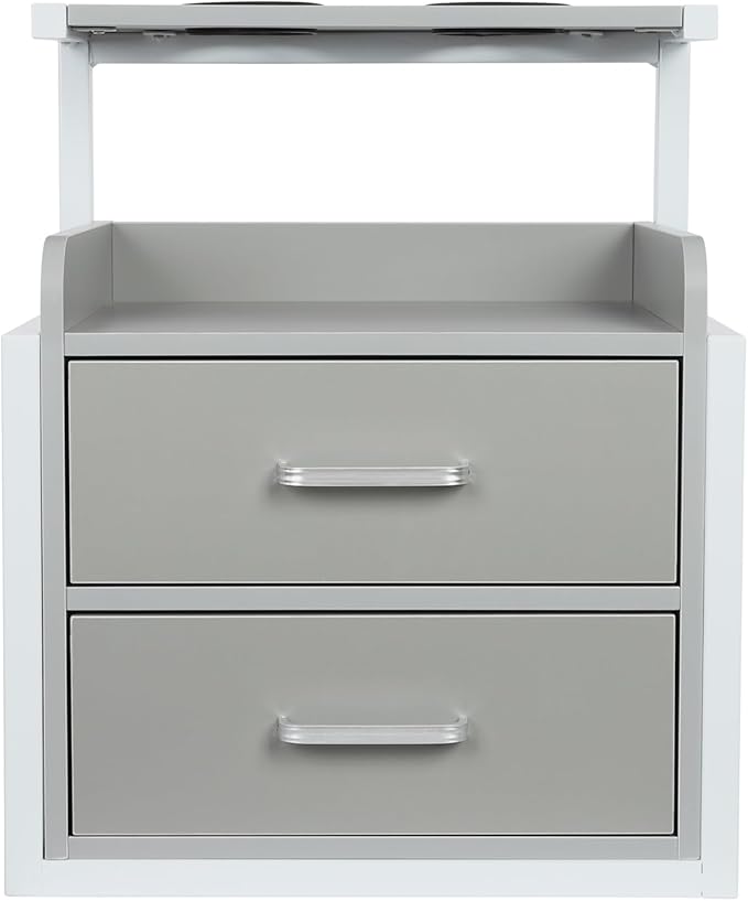 Suspended Salon Station for Hair Stylist, Wall Mounted Styling Salon Station Storage Cabinet w/2*Drawers &Hair Dryer Stand,Floating Nightstand Stylist Storage Cabinet for Home (Gray+ Silver)
