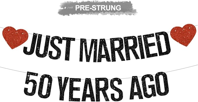 Black Glitter Just Married 50 Years Ago Banner, NO DIY, Pre-Strung 50th Wedding by RICHHHA