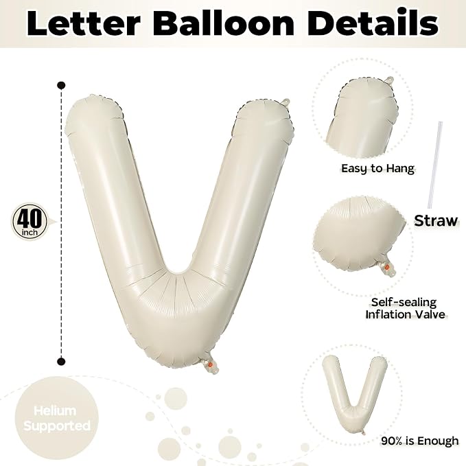 V Letter Balloons Cream, 40 Inch Alphabet Foil Word Balloons, Large Mylar - Image 2