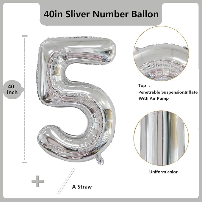 40 inch Silver Number Balloon Giant Foil Helium Balloons Silver Number 5 Balloon - Image 2