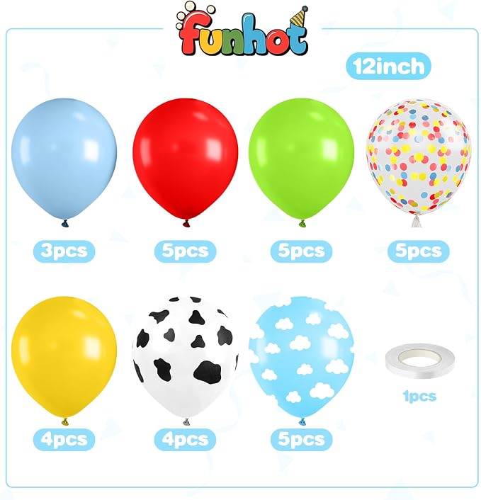 Red Yellow Blue Balloons, 12 Inch Cow Print Sky Blue Cloud Balloons and Red - Image 2