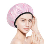 Aquior Shower Cap,Extra Large Triple Layer Bathing Cap with Dry Hair Function for Women Microfiber Terry Cloth Silky Satin 100% Waterproof Reusable Long Hair Bath Caps (Pink Cloud)