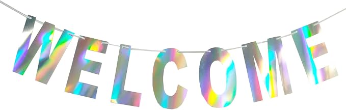 Pre-Strung Holographic Welcome Banner Decorations Sign, Iridescent Hanging by Blukey
