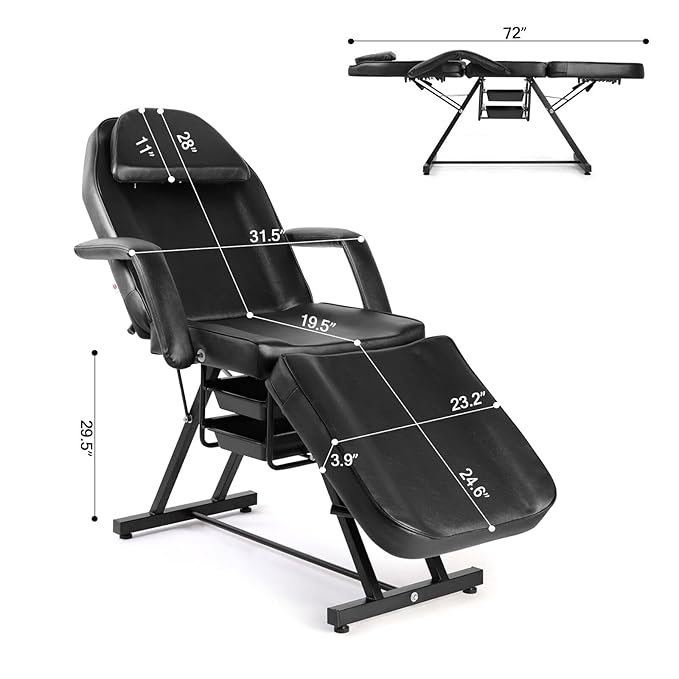 Artist hand Facial Tattoo Chair Massage Bed Salon Lash Chair for Eyelash Extensions Tattoo Table Salon Chair with Trays (Black 1)