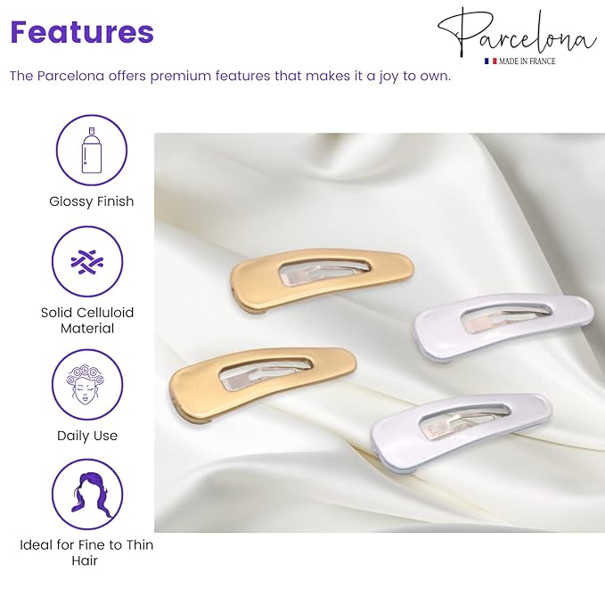 Parcelona French Mini Set of 4 Small Celluloid Acetate Snap Hair Clips No Slip Fashion Durable Styling Women Hair Accessories Girls Snap Hair Barrette, Made in France (Golden-Silver)