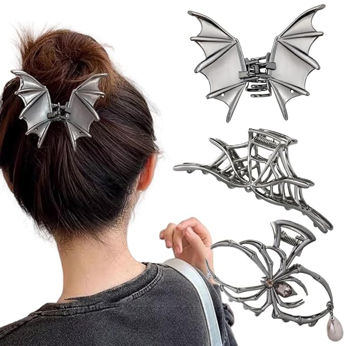 Halloween 3PCS Spider Net Bat Hair Claw Clips Hair Styling Accessories for Women Girls, Gothic Black Metal with Pearl Spooky Large Medium Size Catch Clips for thick Hair Holiday Gifts(Black Gun)