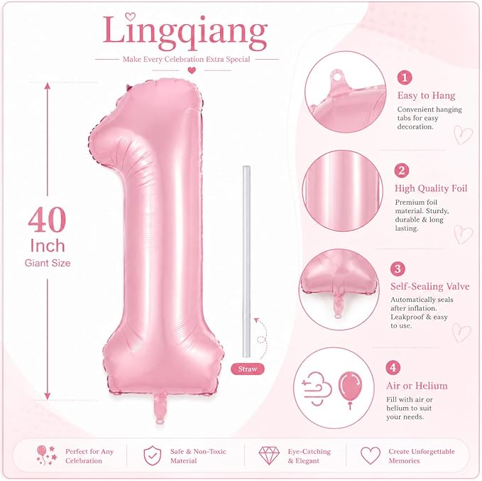 Pastel Pink 1 Balloons, 40 Inch Giant Light Pink Helium Foil Number 0-9 - Image 2