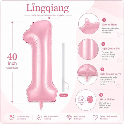 Pastel Pink 1 Balloons, 40 Inch Giant Light Pink Helium Foil Number 0-9 - Image 2