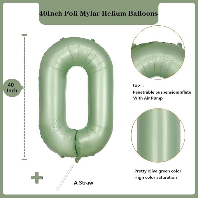 40 Inch Green Number Balloon 0 Olive Green Foil Balloon Sage Green 0 Balloons - Image 2