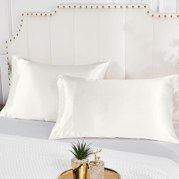 Satin Silk Pillowcase for Hair and Skin, Black Pillow Cases Standard Size Set of 4 Pack Super Soft Pillow Case with Zipper Closure (Ivory, Queen(4 Pack))